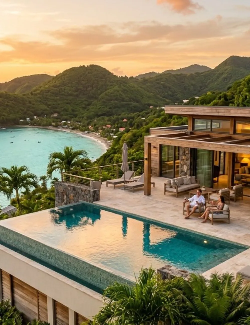 Villa avec piscine surplombant une baie de Martinique